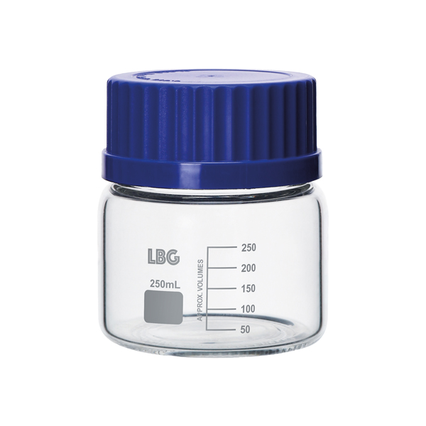 FLACON GRADUÉ AVEC FILETAGE ISO EN VERRE BOROSILICATÉ 3.3, COL LARGE