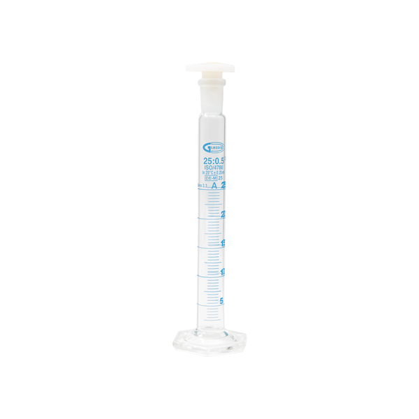 ÉPROUVETTE GRADUÉE BASE HEXAGONALE, CLASSE A AVEC BOUCHON EN PLASTIQUE, GLASSCO